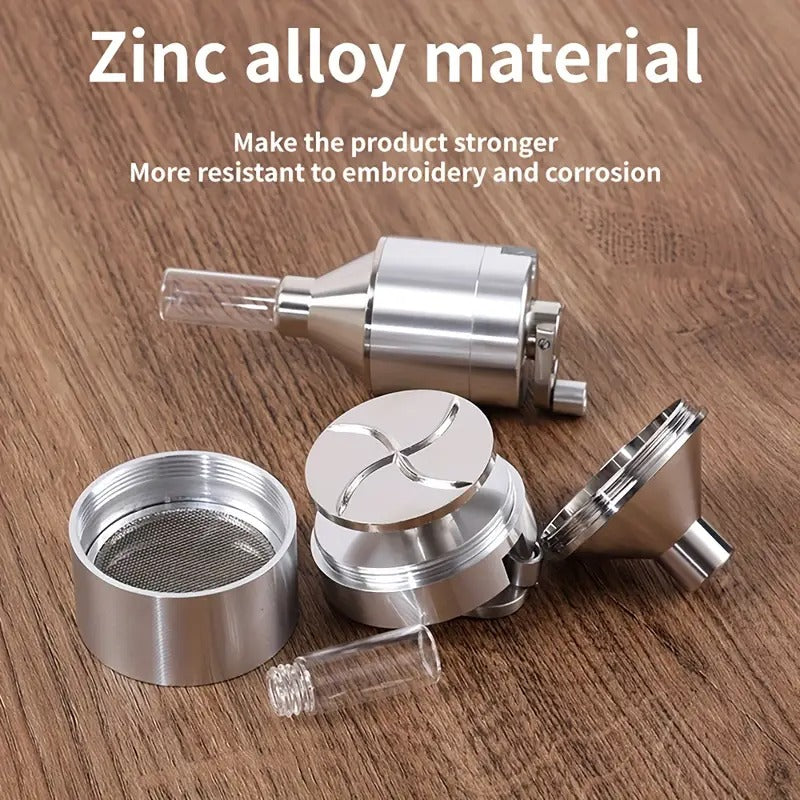 [Portable Hand Crank Grinder] Hand Crank Metal Grinder with Glass Collection Funnel and Bottle - Large Diameter 56mm, Small Diameter 43mm, Portable Manual Tool for Grinding, Perfect Holiday Gift, Best for Christmas