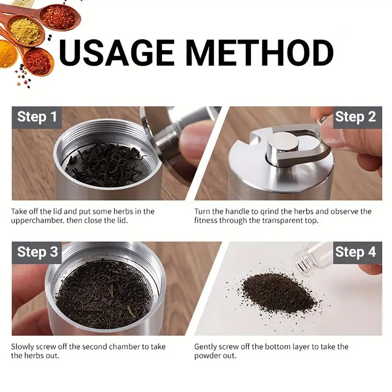 [Portable Hand Crank Grinder] Hand Crank Metal Grinder with Glass Collection Funnel and Bottle - Large Diameter 56mm, Small Diameter 43mm, Portable Manual Tool for Grinding, Perfect Holiday Gift, Best for Christmas