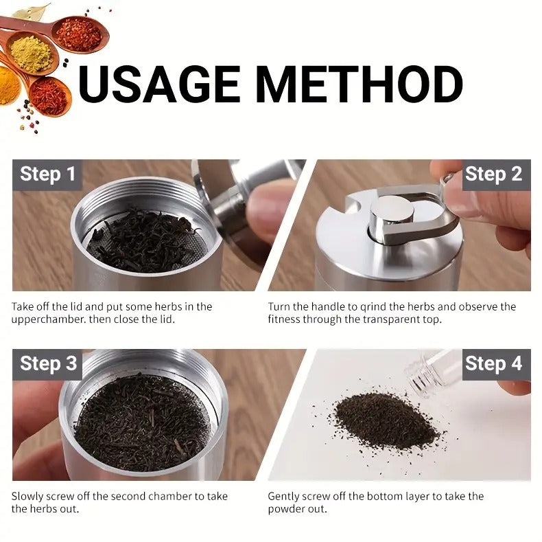 [Portable Hand Crank Grinder] Hand Crank Metal Grinder with Glass Collection Funnel and Bottle - Large Diameter 56mm, Small Diameter 43mm, Portable Manual Tool for Grinding, Perfect Holiday Gift, Best for Christmas